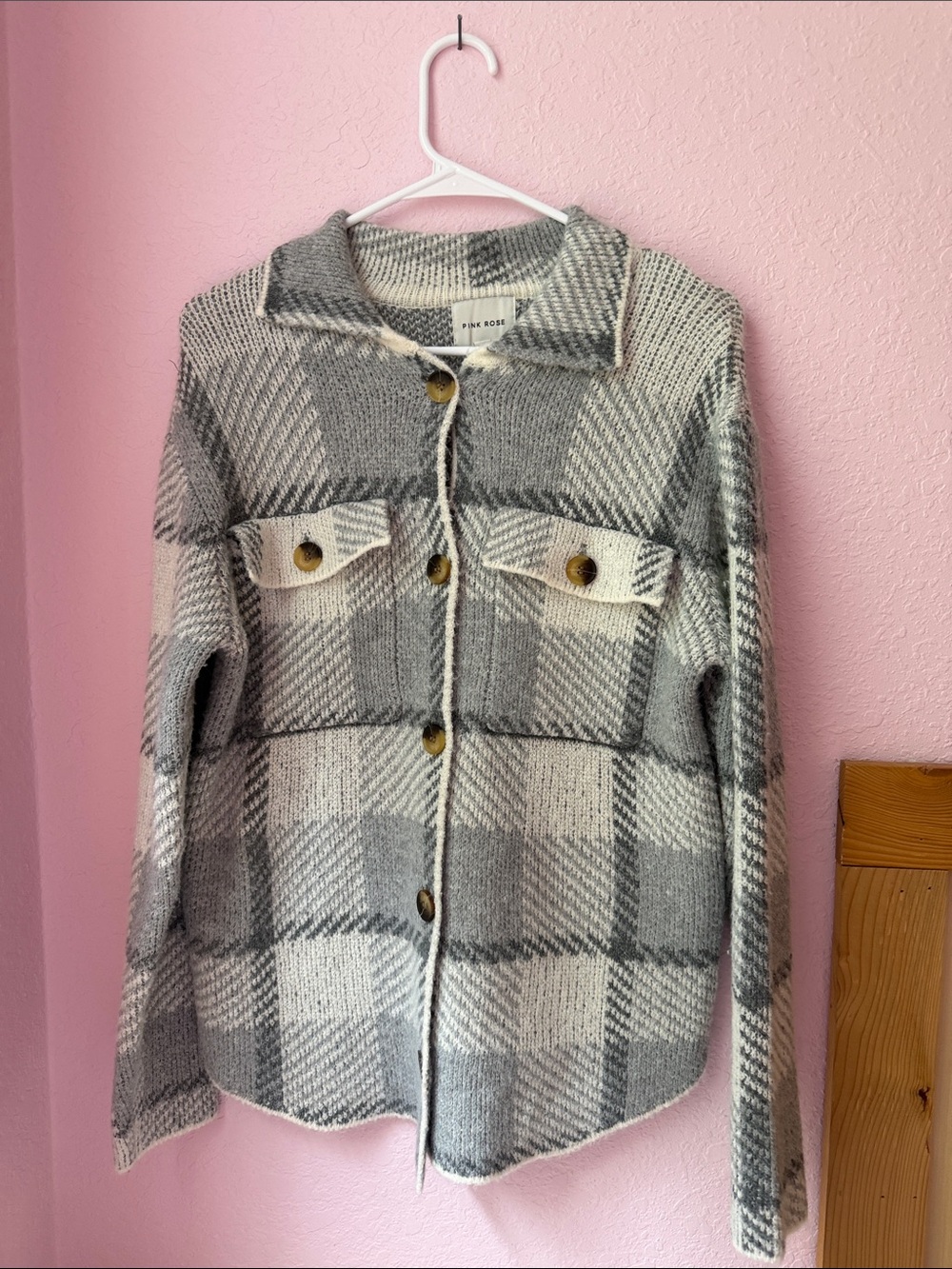 Pink Rose Gray and Cream Plaid Button-Front Shacket